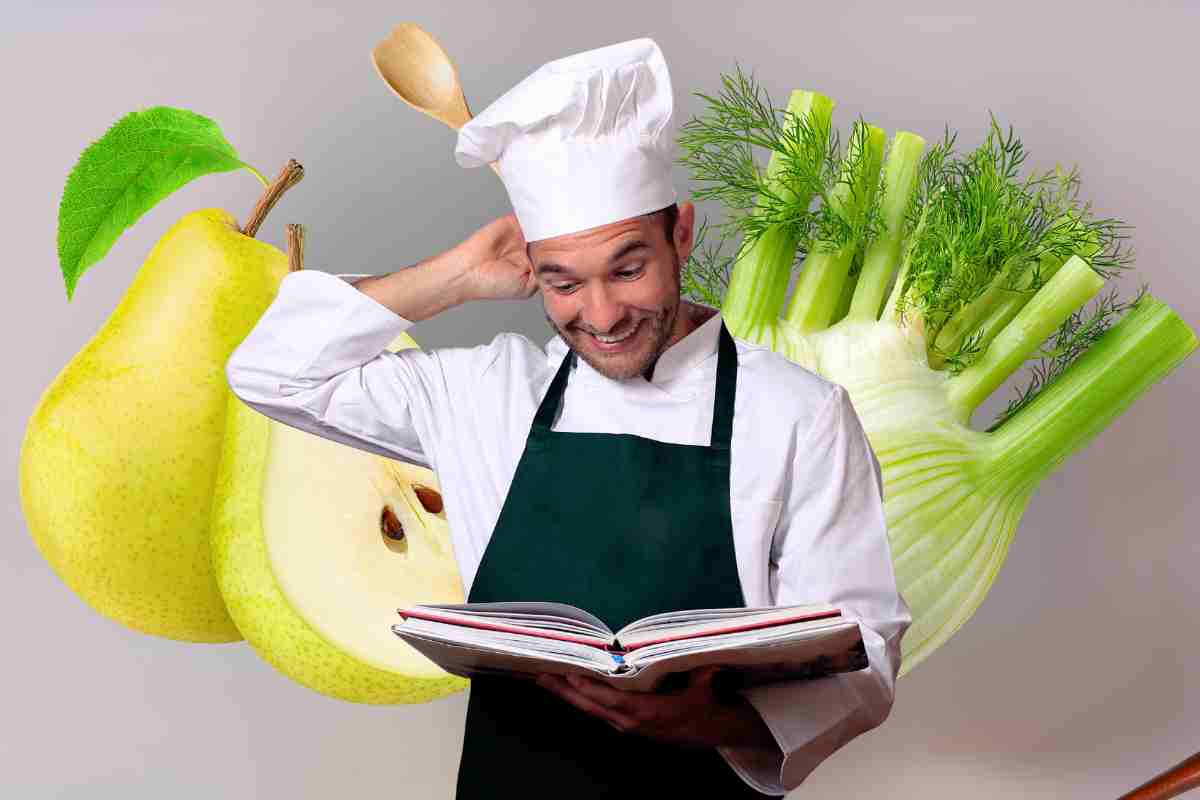uno chef e alle spalle finocchi e pere
