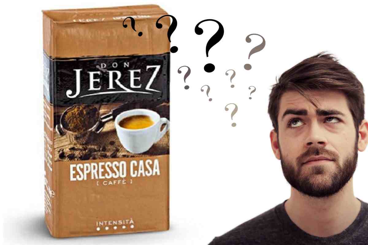una confezione di caffé Don Jerez e un giovane con punti di domanda