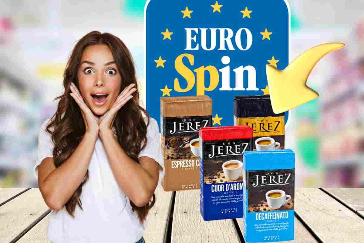 donna stupita davanti a confezioni di caffè eurospin