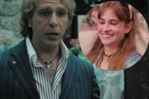 Checco Zalone in una scena di Buen Camino e nel tondo Letizia Arnò