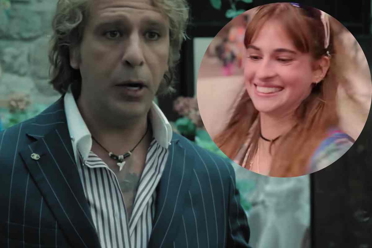 Checco Zalone in una scena di Buen Camino e nel tondo Letizia Arnò