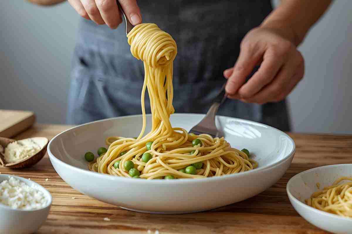 piatto di spaghetti coi piselli