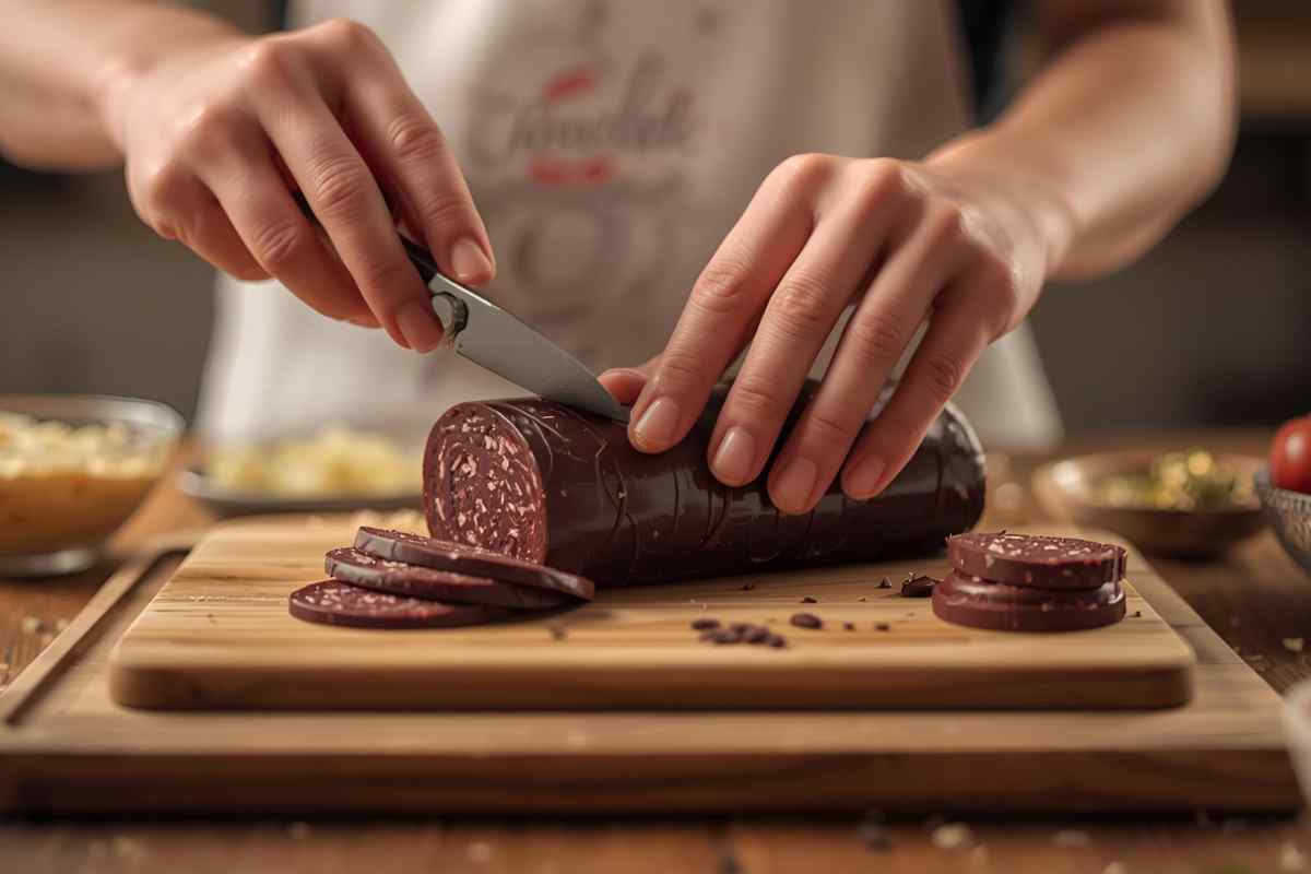 una mano affetta il salame di cioccolato