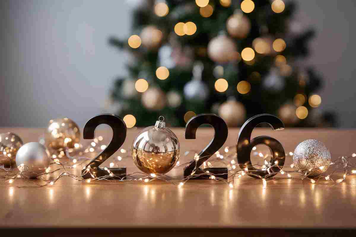 la scritta 2026 con le lucine davanti a un albero di natale