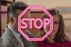 Una scena di Il Paradiso delle Signore e la scritta STOP sovraimpressa