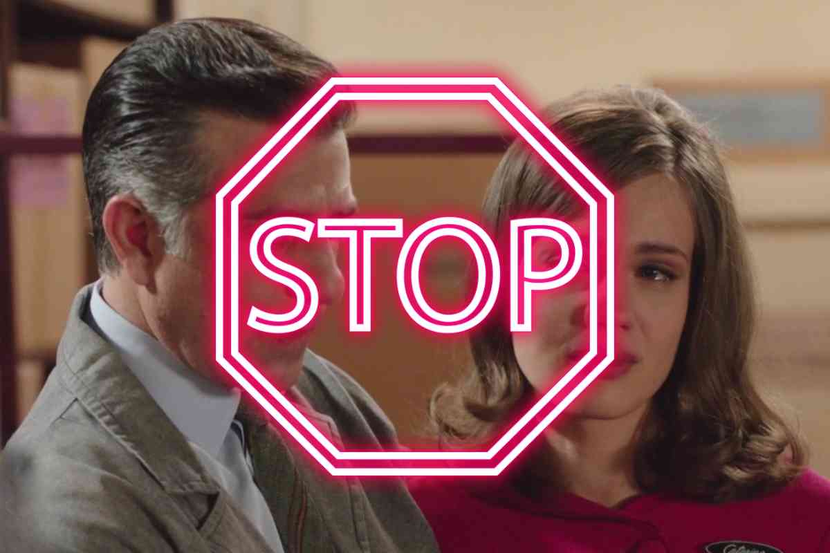 Una scena di Il Paradiso delle Signore e la scritta STOP sovraimpressa