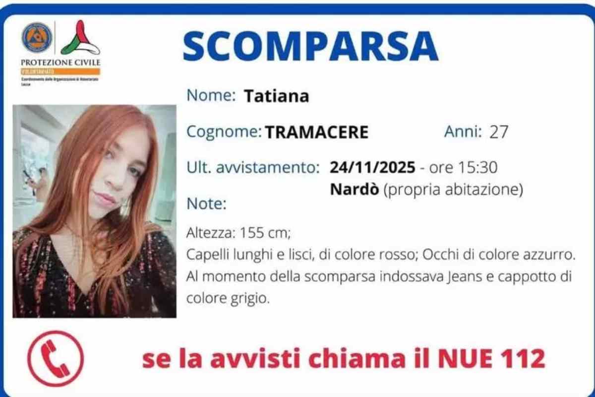l'appello della Protezione Civile per Tatiana Tramacere