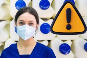 confezioni di latte dietro a un medico con la mascherina e un segnale di pericolo