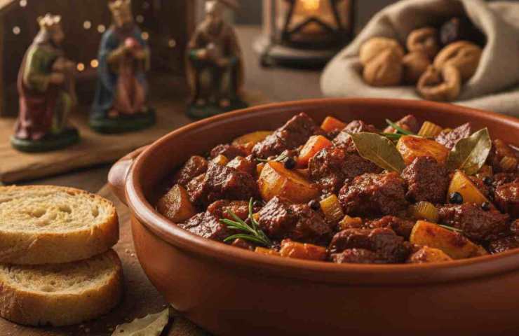 Spezzatino dell'Epifania in una terrina con statuina della Befana e sfondo da Epifania