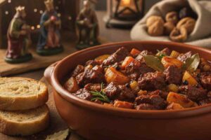 Spezzatino dell'Epifania in una terrina con re Magi e sfondo da Epifania