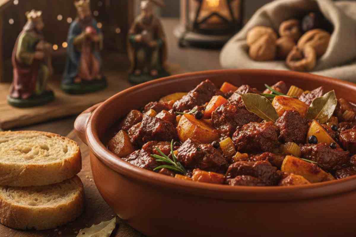 Spezzatino dell'Epifania in una terrina con re Magi e sfondo da Epifania