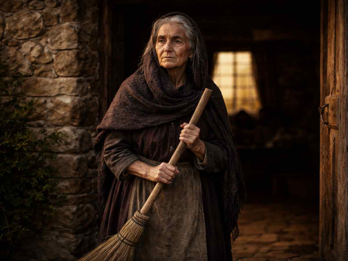 immagine di un'anziana signora che rappresenta l'archetipo della Befana, immagine generata con AI